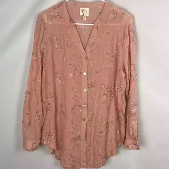 Anthropologie Fig & Flower Embroidered Floral Button Down Roll Tab Sleeve - Picture 4 of 4